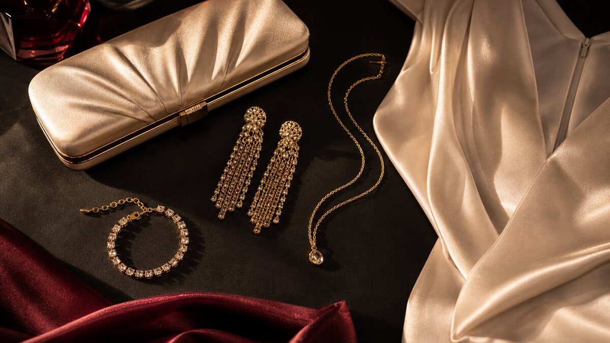 Korut, iltalaukku ja satiinikangas aseteltuna tummalle juhlatyylin pinnalle.